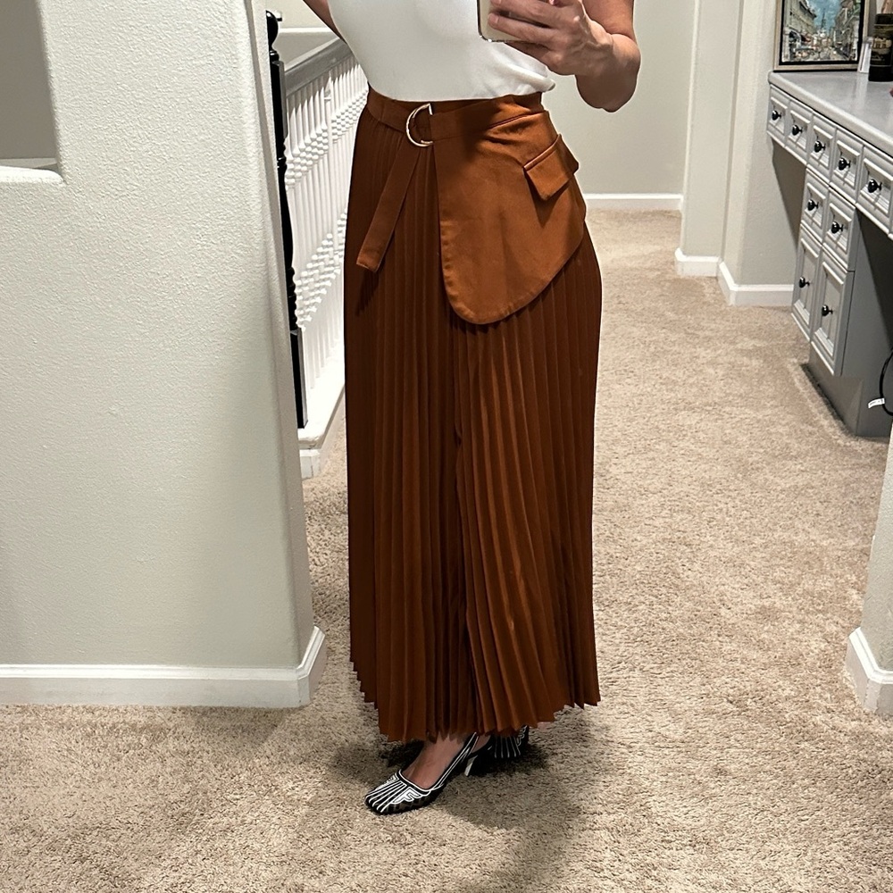 Chic Rust Pleated Maxi Wrap Skirt